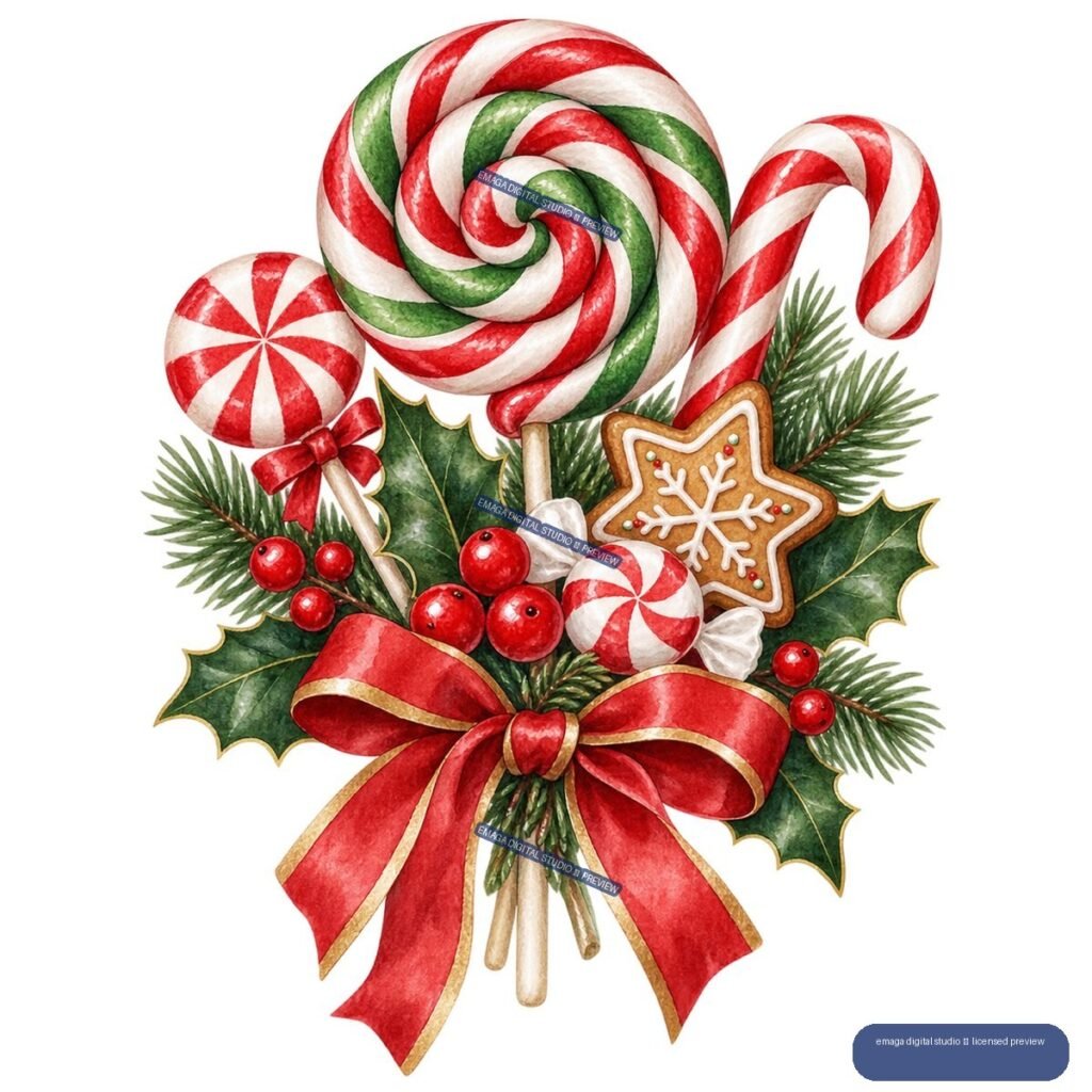 Watercolor Christmas candy bouquet with lollipops, candy canes, gingerbread cookie, holly, evergreen branches, berries, and a red bow.