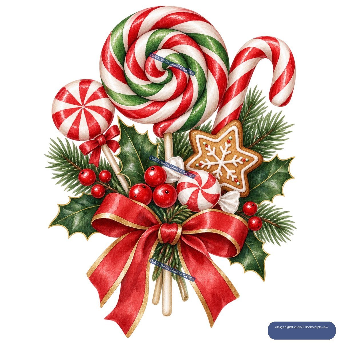 Watercolor Christmas candy bouquet with lollipops, candy canes, gingerbread cookie, holly, evergreen branches, berries, and a red bow.