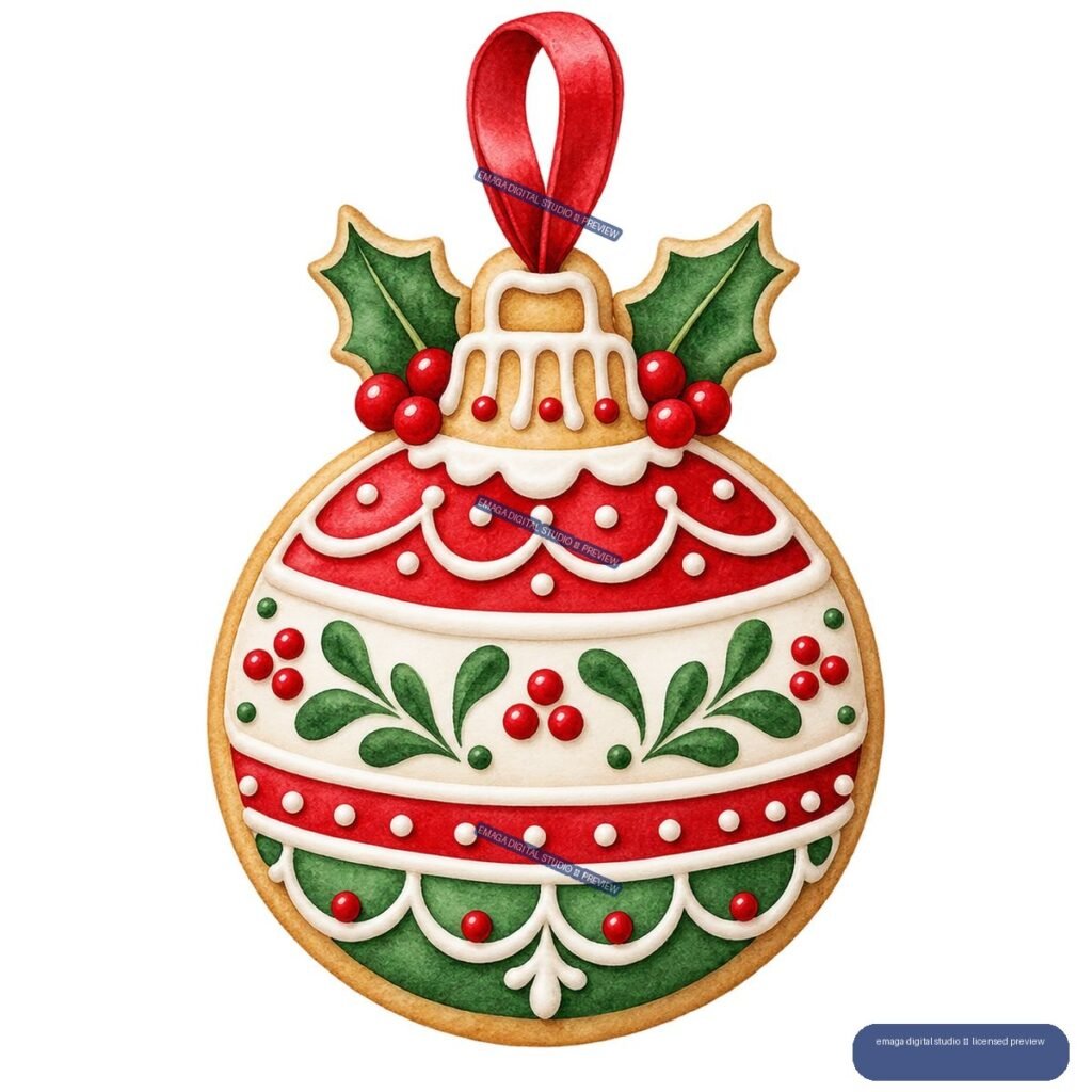 Decorated round gingerbread Christmas ornament with red ribbon, holly leaves, berries, and red, green, and white icing.