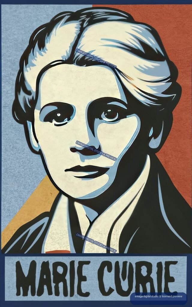 Stylized close-up portrait of Marie Curie with swept hair, dark jacket, geometric blue and rust panels, and her name in bold lettering below.