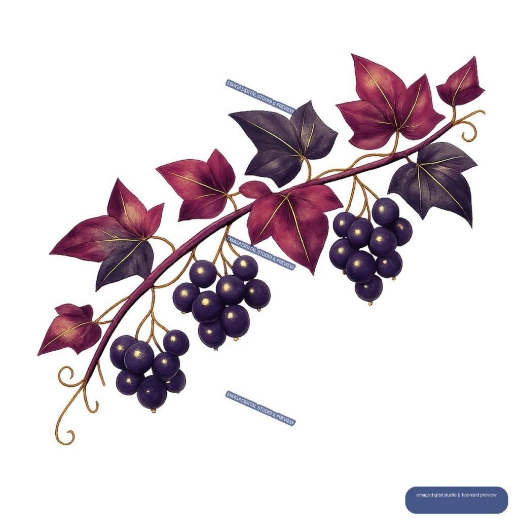 A diagonal grapevine branch with purple grapes, burgundy and violet leaves, and curling tendrils.