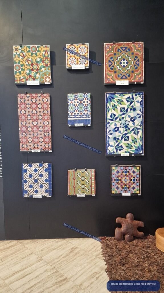 Colorful Geometric Tile Panels Displayed on a Dark Exhibition Wall — Casablanca, Morocco