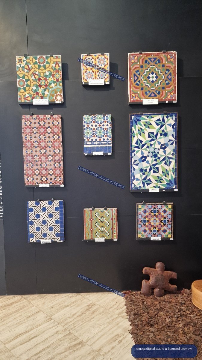 Colorful Geometric Tile Panels Displayed on a Dark Exhibition Wall — Casablanca, Morocco