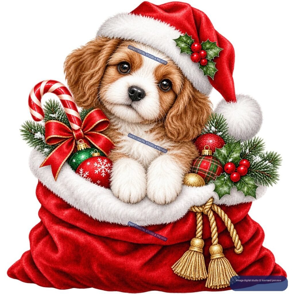 Brown-and-white puppy in a Santa hat peeking from a red Christmas sack surrounded by ornaments, holly, candy canes, and evergreen branches.
