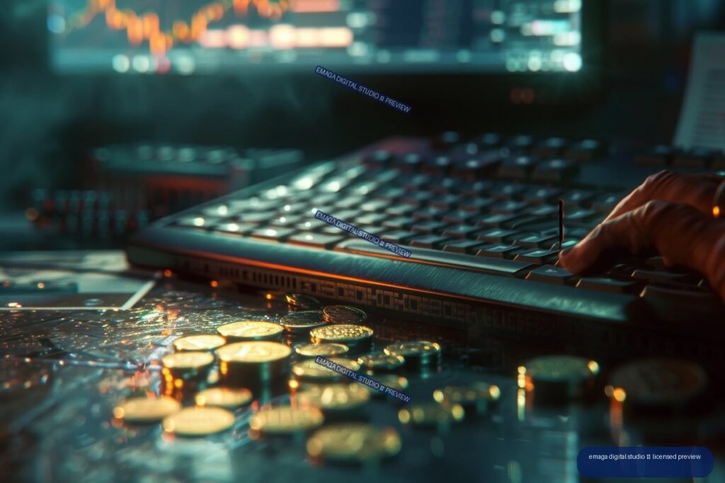 Hand operating a laptop or control surface beside scattered coins, with blurred illuminated screens in a dark teal-and-orange setting.