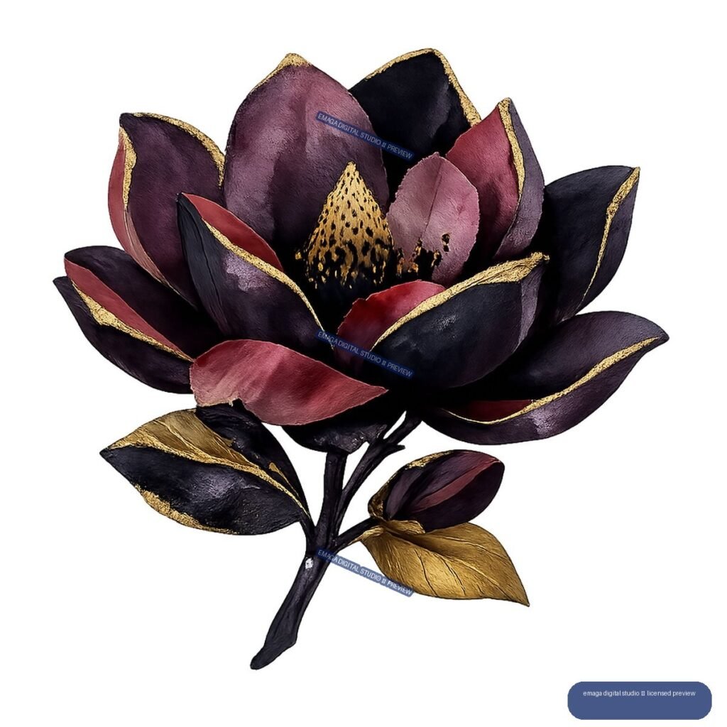Open dark lotus flower with burgundy and plum petals, gold-edged leaves, a side bud, and a black stem.