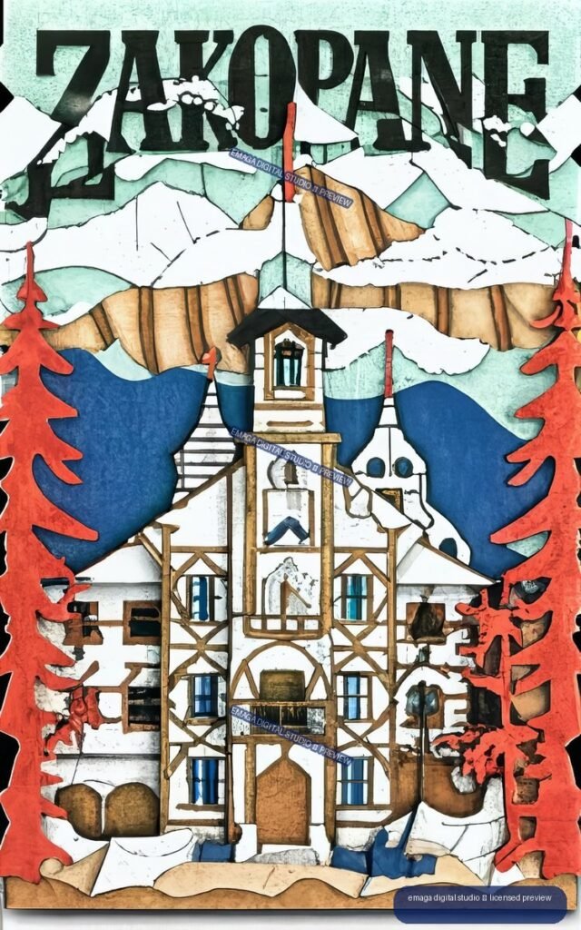 Illustrated travel poster reading ZAKOPANE, with snowy mountains, a timber-framed alpine building, blue landscape shapes, and red evergreen trees.