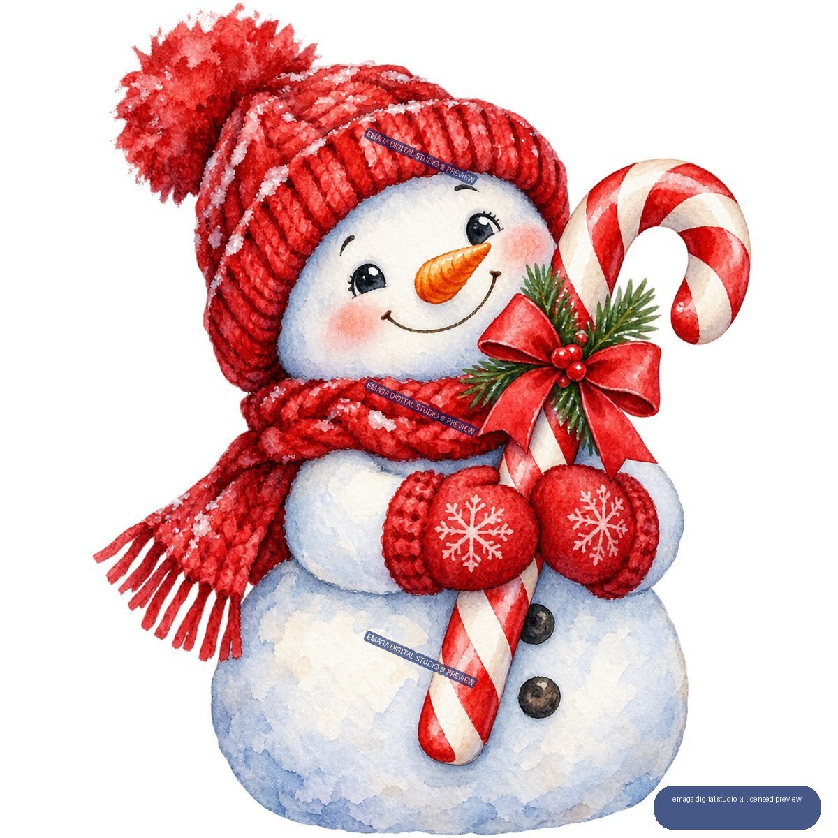 Watercolor snowman in a red hat and scarf holding a candy cane, bow, and snowflake ornaments.