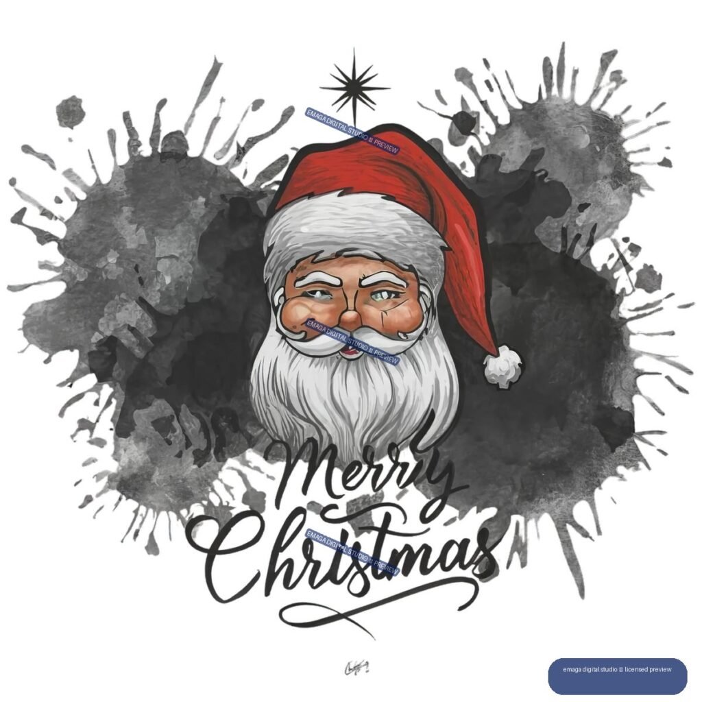 Santa Claus in a red hat centered over dark watercolor splashes, with black script reading “Merry Christmas” below.