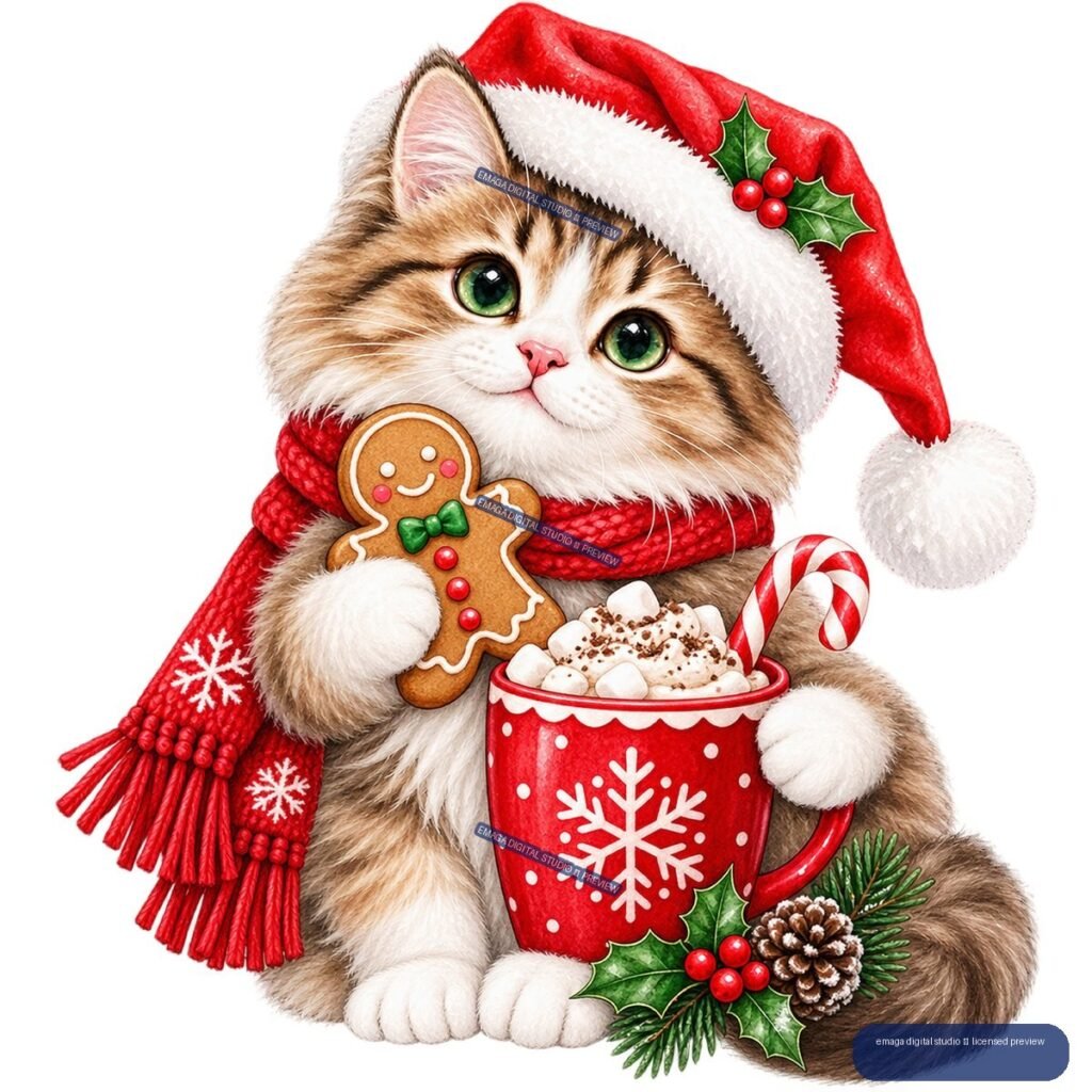 Fluffy tabby-and-white cat in a Santa hat and red scarf holding a gingerbread cookie beside hot cocoa with marshmallows and a candy cane, decorated with holly and pine branches.