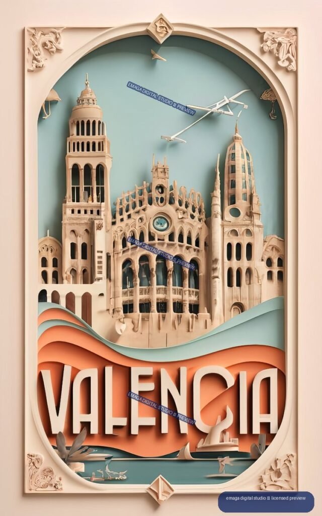 Vertical Valencia travel poster with ornate border, stylized historic architecture, airplane, and layered teal and coral waves.