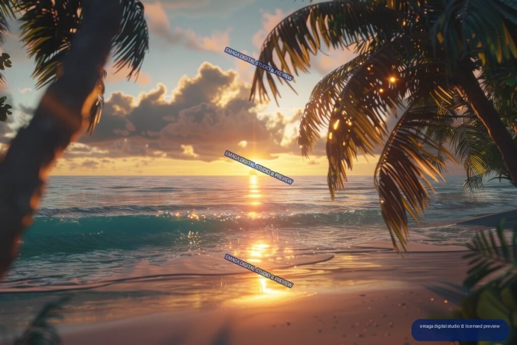 Golden sun rising or setting over ocean waves and wet beach sand, framed by palm trees and fronds.