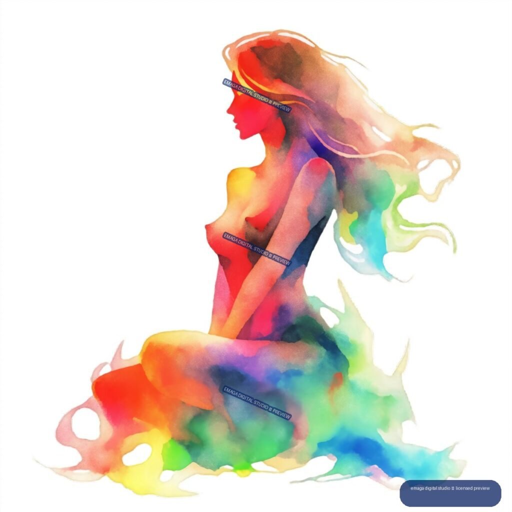 Colorful watercolor-style nude female figure in profile, seated with one knee raised and flowing multicolored hair.