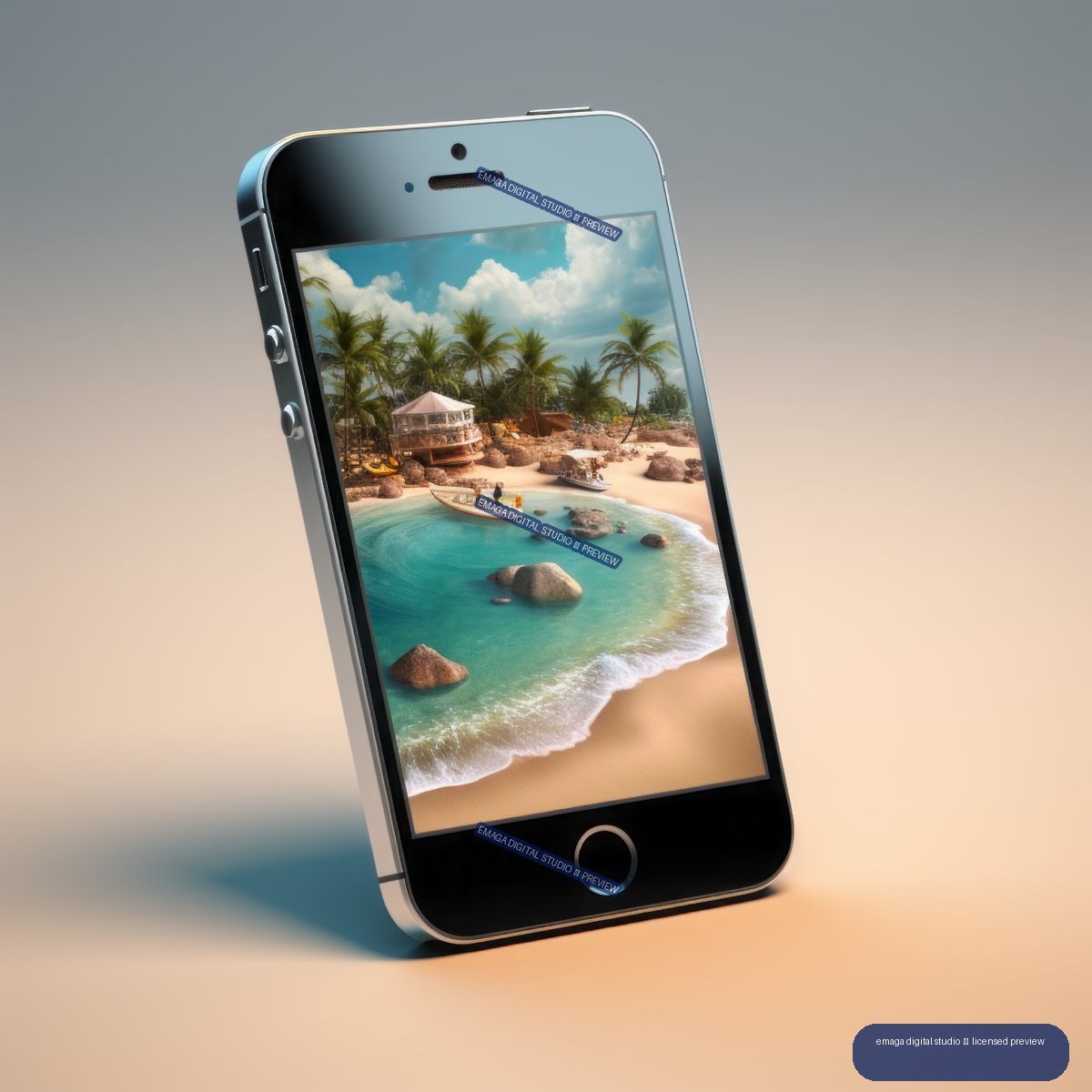 Tilted smartphone with a metallic frame displaying a tropical beach with palm trees, turquoise water, rocks, sand, and a small boat.