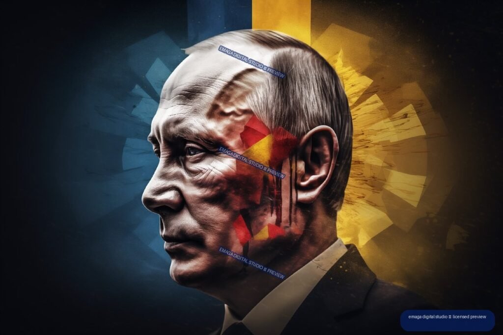 Dramatic left-facing profile portrait of Vladimir Putin with blue and yellow Ukrainian flag colors and distressed red conflict imagery overlaid on the face.