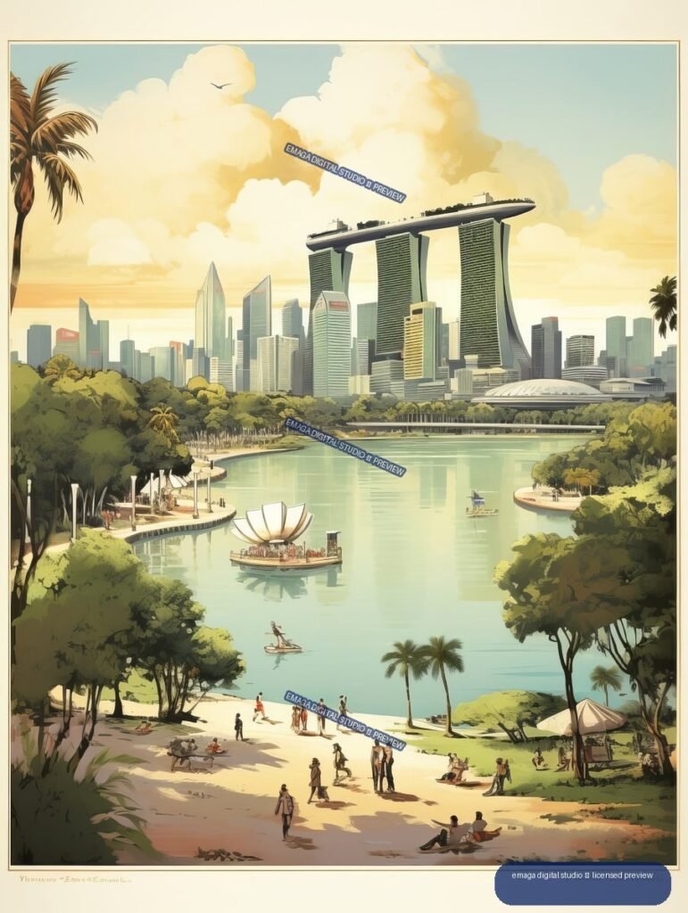 Illustrated travel poster showing Singapore’s skyline, Marina Bay Sands, tropical greenery, a lagoon, boats, and beachgoers under large clouds.