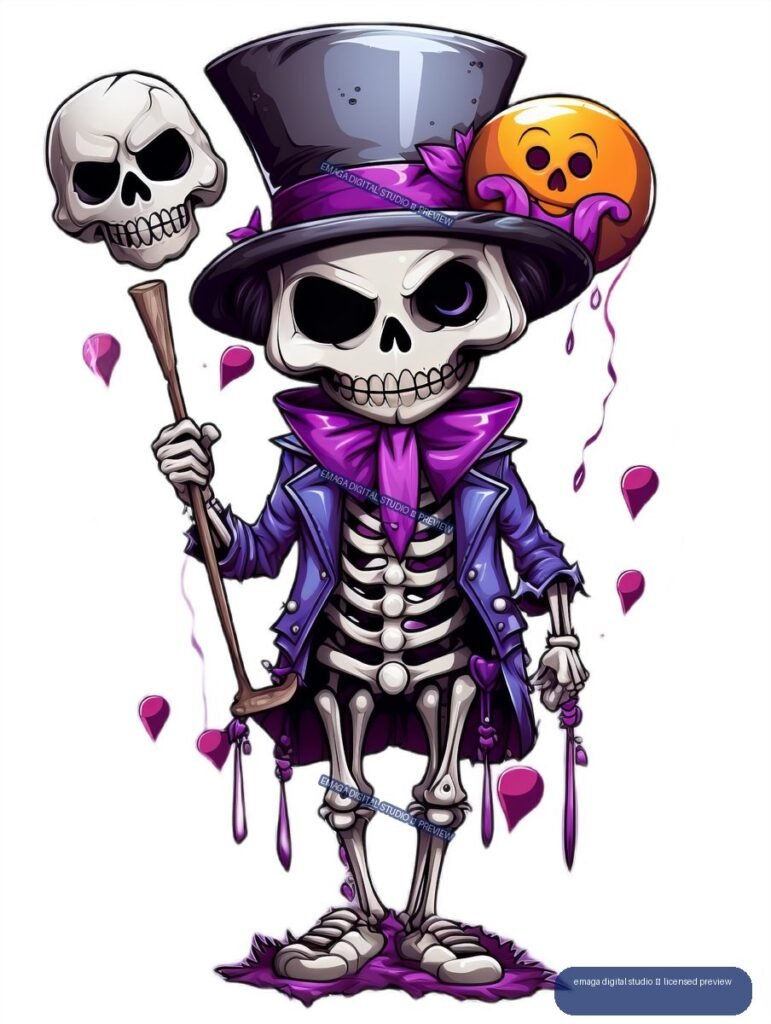 Cartoon skeleton magician in purple clothing holding a staff, with a pumpkin balloon and floating skull.