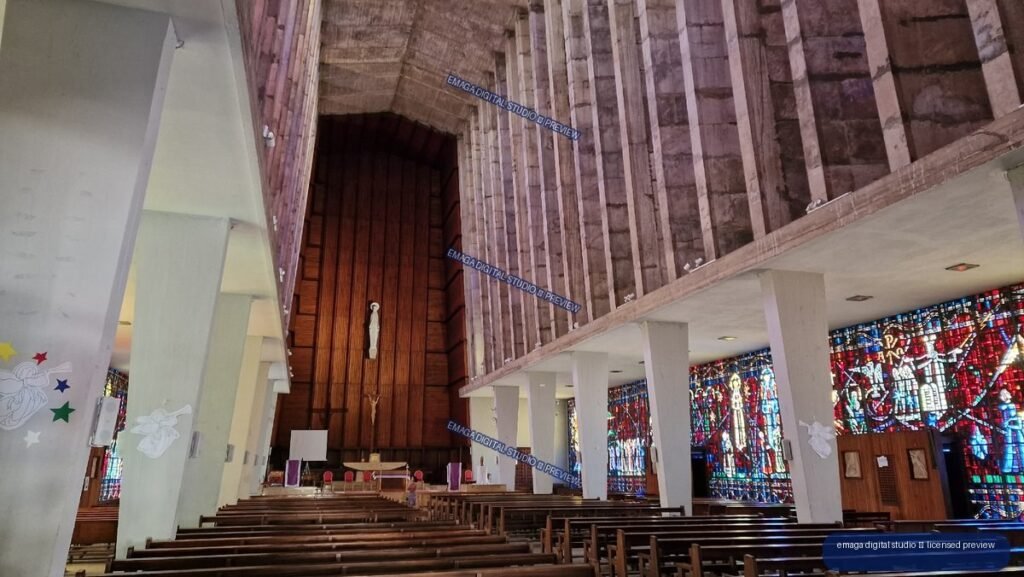 Interior of a church with stained glass windows in Casablanca, Morocco