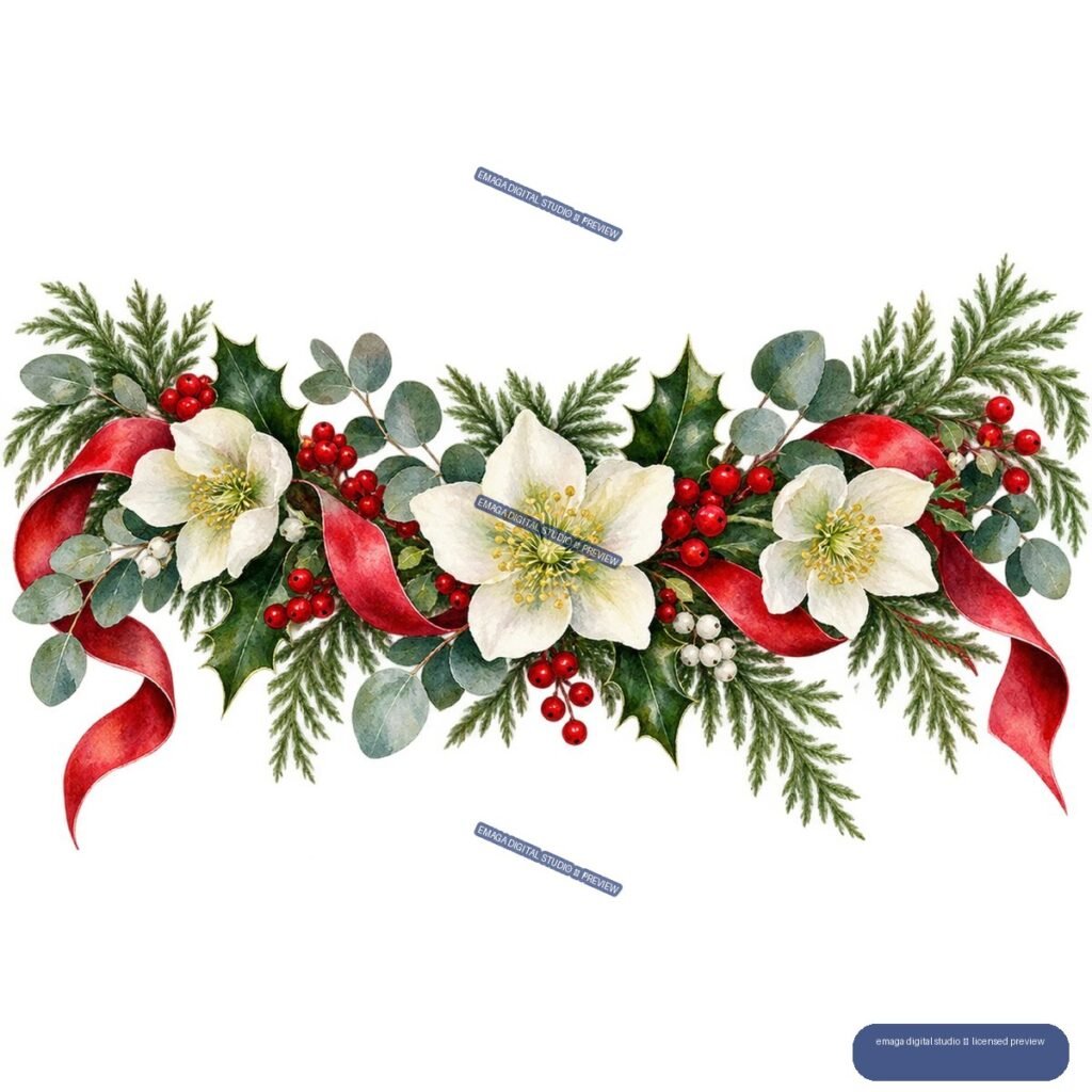 Watercolor Christmas garland with white flowers, evergreen branches, holly leaves, berries, eucalyptus, and red ribbons.