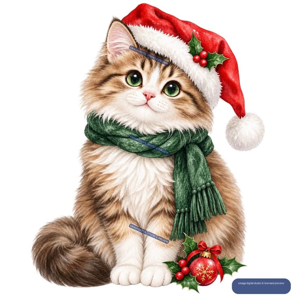 Fluffy tabby cat wearing a Santa hat and green scarf, beside a red ornament and holly.