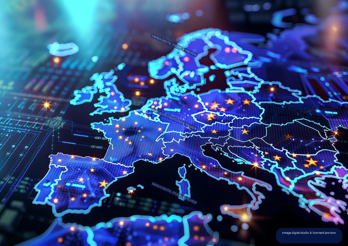 Glowing cyan holographic map of Europe with illuminated country borders and orange location lights on a dark blue digital interface.