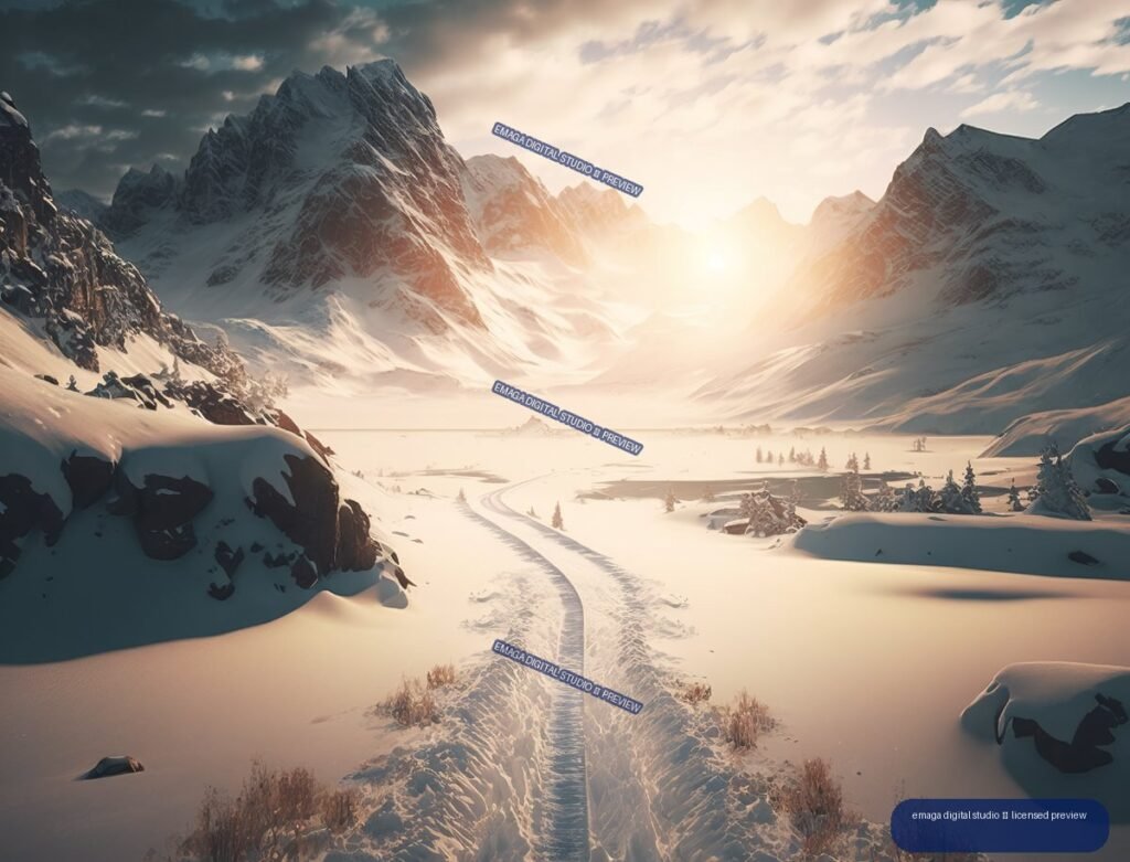 Snow-covered mountain valley with a tracked path leading toward a bright sunrise between rugged peaks.