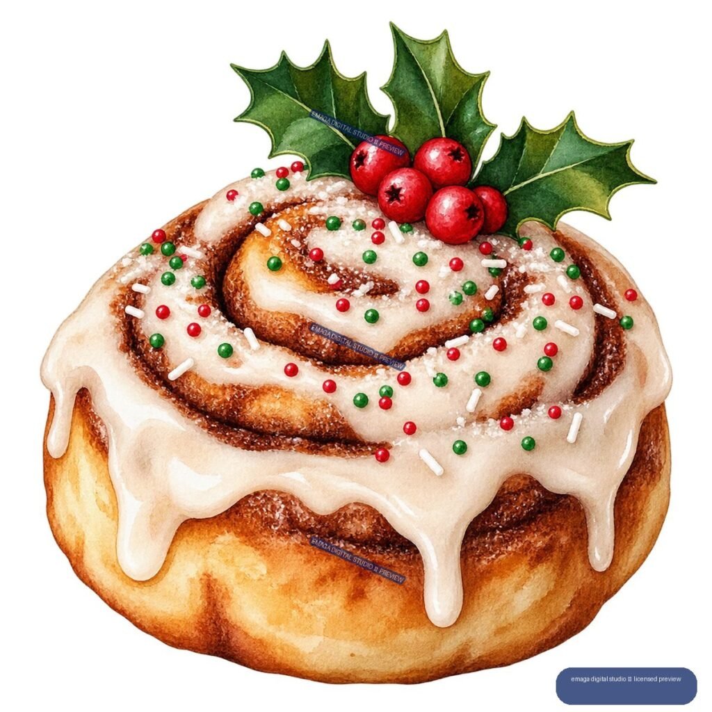 Watercolor illustration of an iced cinnamon roll topped with colorful sprinkles, holly leaves, and red berries.