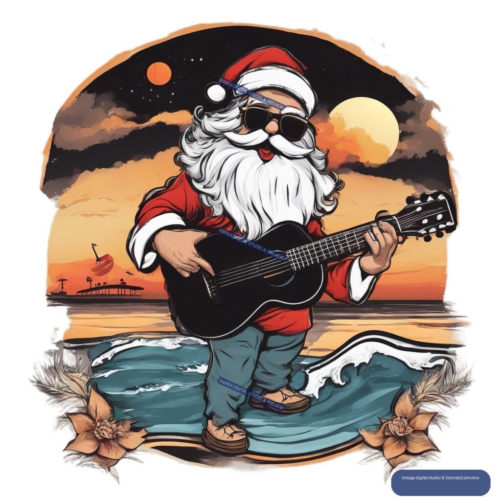 Illustration of Santa Claus in sunglasses playing a black guitar in ocean waves at a tropical sunset, with boats, flowers, clouds, and a moon.