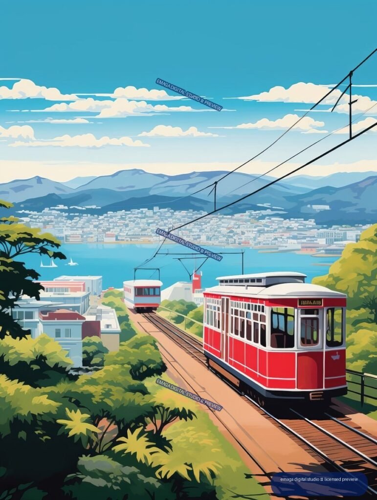 Illustrated red cable cars descending toward a harbor city backed by blue mountains, beneath a bright sky.