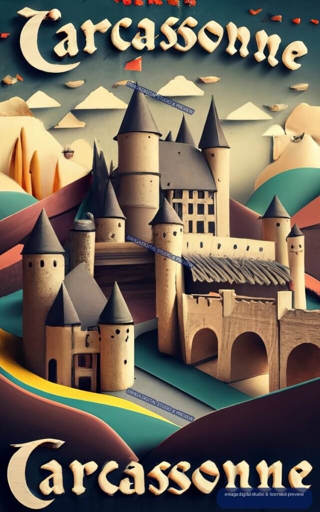 Stylized vintage poster showing the fortified towers and walls of Carcassonne against colorful angular hills, with cream “Carcassonne” lettering at the top and bottom.