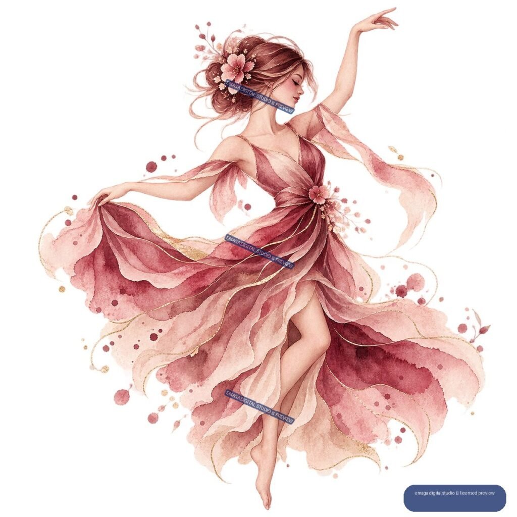 Watercolor illustration of a woman dancing in a flowing pink floral dress with flowers in her hair and surrounding petals.