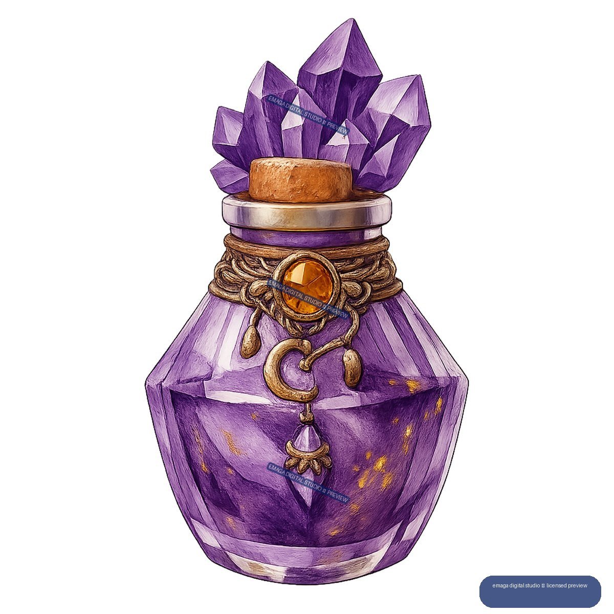 Ornate purple potion bottle with a cork stopper, purple crystals, amber gem, and dangling charms.