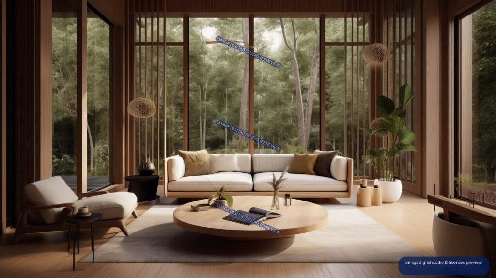 Warm minimalist living room with cream seating, wooden coffee table, plants, and forest views through tall windows.