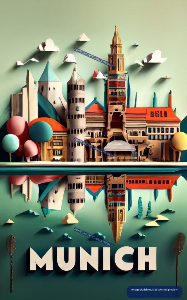 Colorful stylized Munich cityscape poster with historic buildings, mirrored reflections, and large MUNICH lettering.