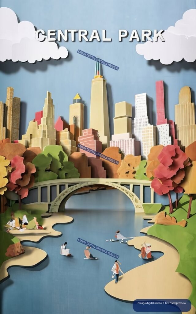 Paper-cut style illustration of Central Park with a New York City skyline, arched bridge, water, trees, clouds, and small figures.