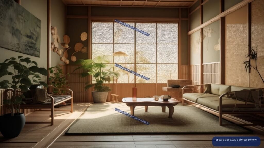 Warm Japandi living room with wood floors, low table, sofa, plants, shoji-inspired screens, and sunlight through a large window.