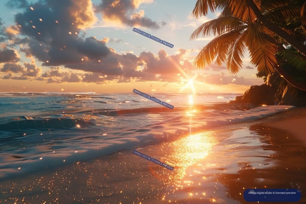 Golden sun over a tropical ocean beach, with palm trees framing the right side and reflections on the waves and wet sand.