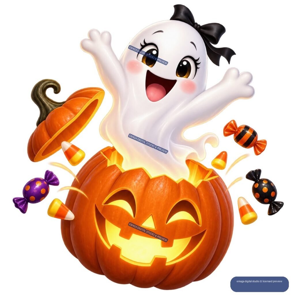 Smiling white ghost with a black bow emerging from a glowing jack-o'-lantern, surrounded by candy corn and wrapped Halloween candies.