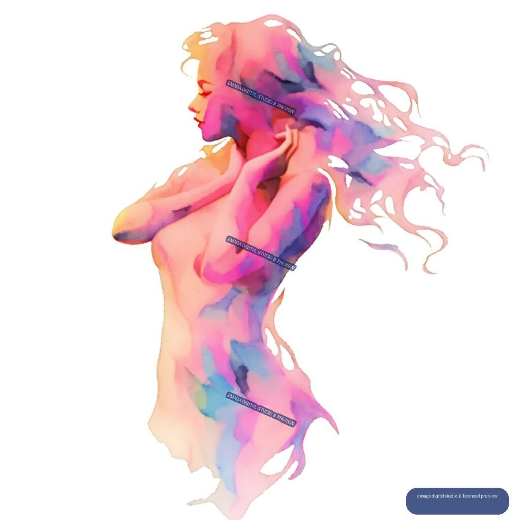 Colorful watercolor profile of a nude woman with raised arm and flowing abstract hair.