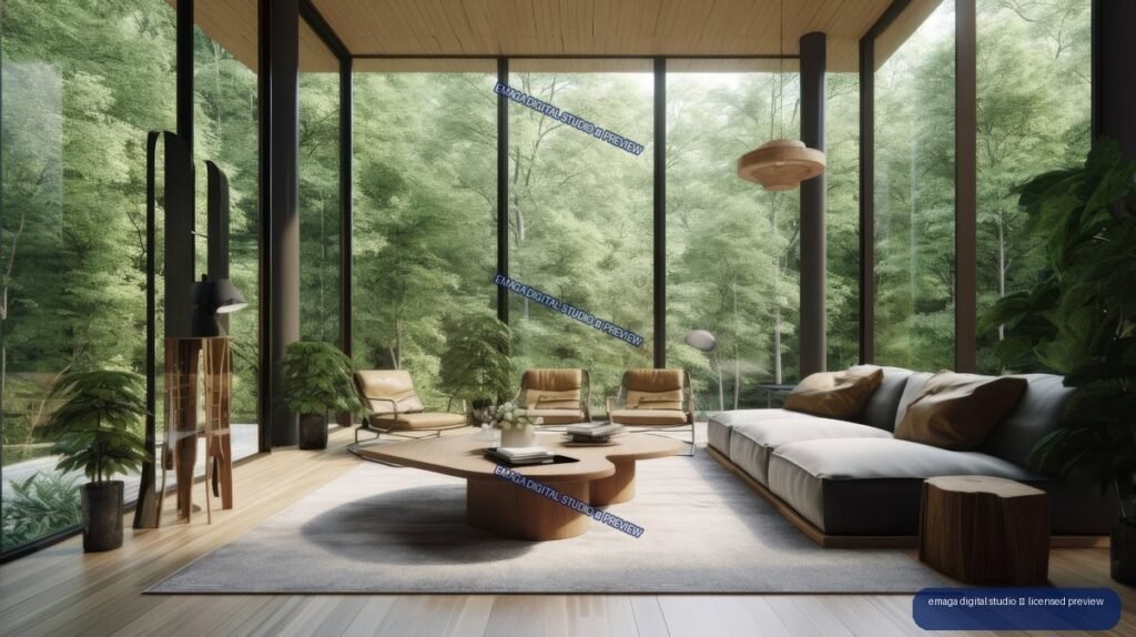 Minimalist living room with a pale sectional sofa, low wooden tables, plants, and floor-to-ceiling windows overlooking a green forest.