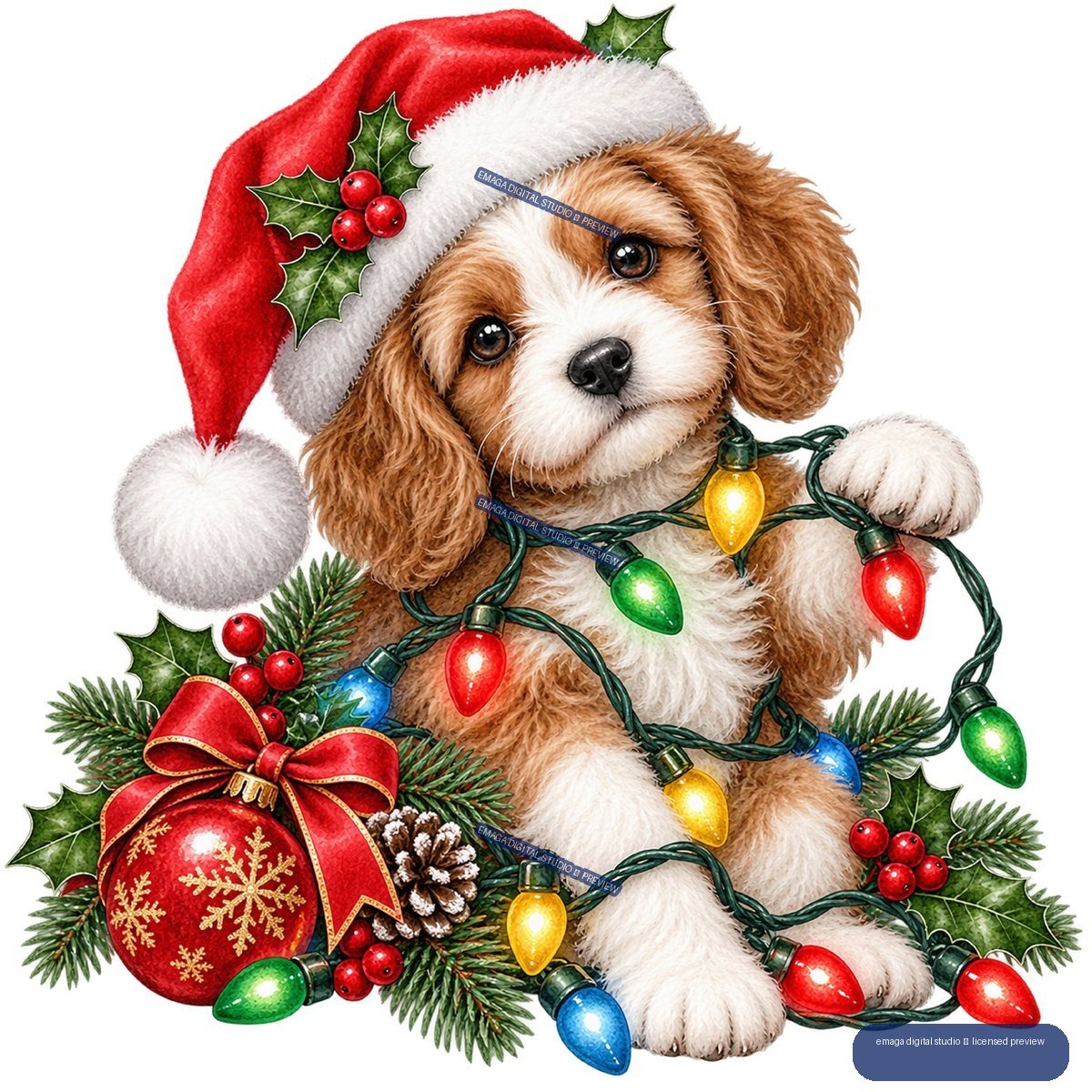 Brown-and-white puppy in a Santa hat surrounded by Christmas lights, evergreen branches, berries, pinecones, and a red ornament with a bow.