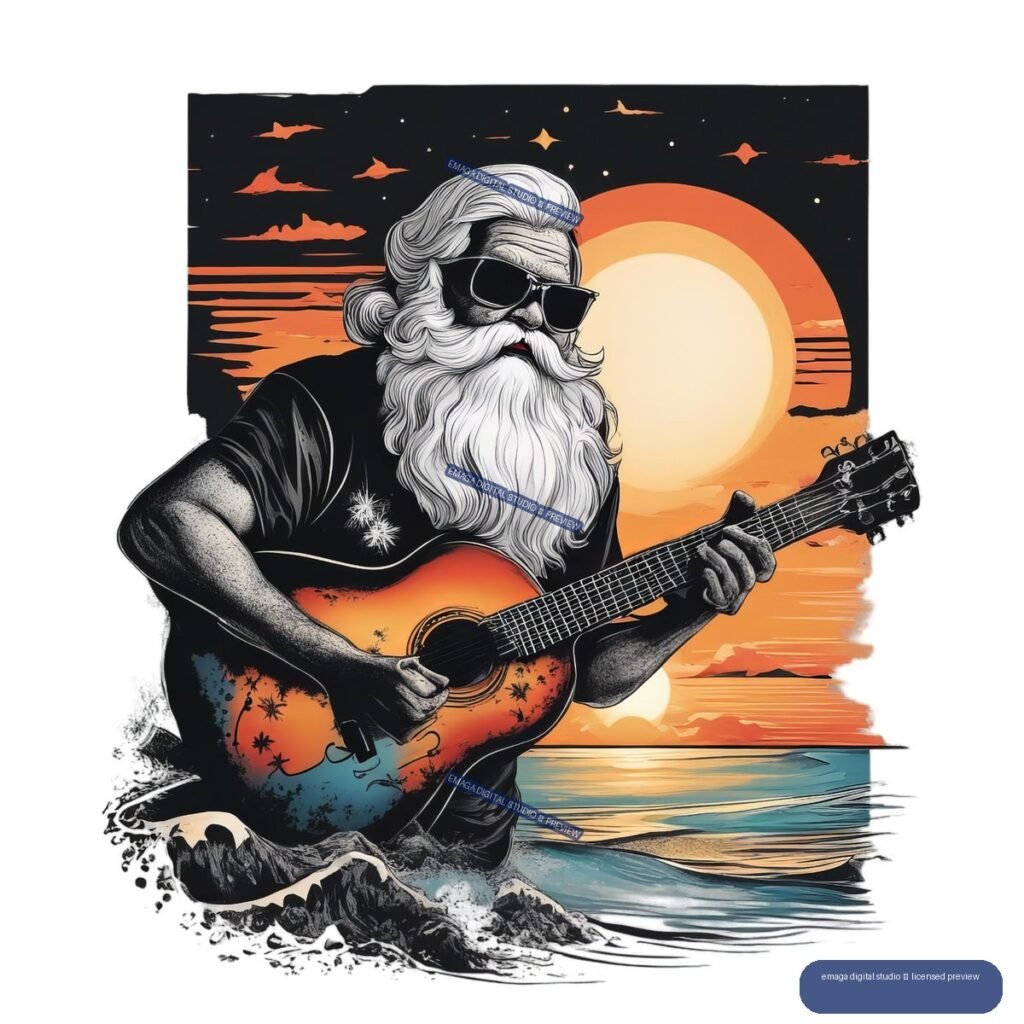 Stylized Santa Claus in sunglasses playing an acoustic guitar beside ocean waves at sunset, with orange clouds and a large glowing sun.