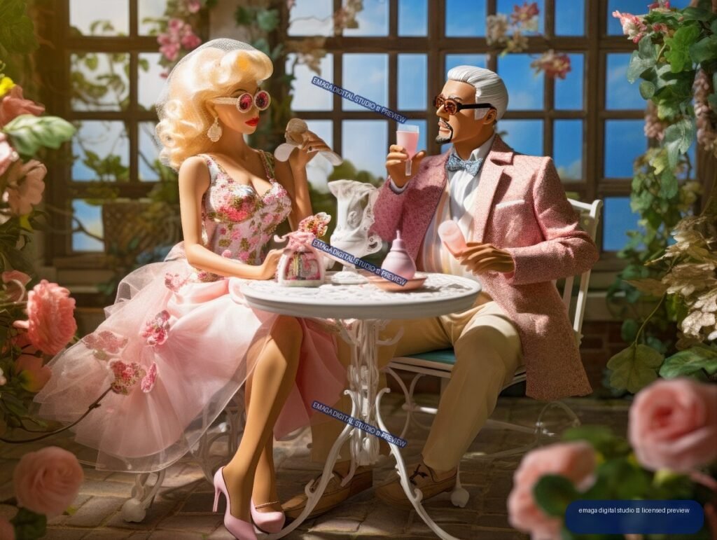 Two mature fashion dolls share drinks at a flower-filled café table in a bright conservatory.