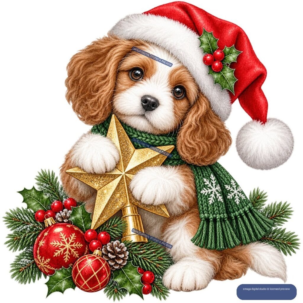 Brown-and-white puppy in a Santa hat and green snowflake scarf holding a gold star, surrounded by Christmas greenery and red ornaments.