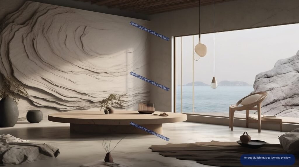 Minimalist Japandi living room with a low table, sculptural chair, pendant lights, rock wall, and sea view.