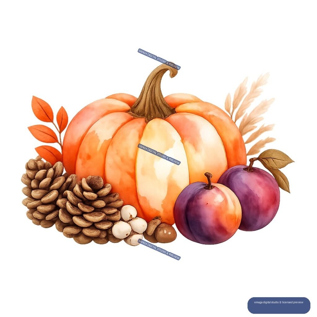 Watercolor-style illustration of an orange pumpkin surrounded by purple apples, pinecones, leaves, berries, and dried grasses.