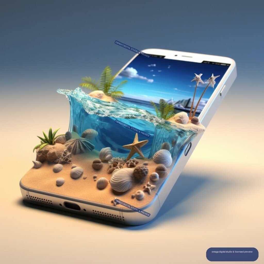 Angled white smartphone containing a miniature tropical beach and ocean scene with waves, shells, plants, and starfish.