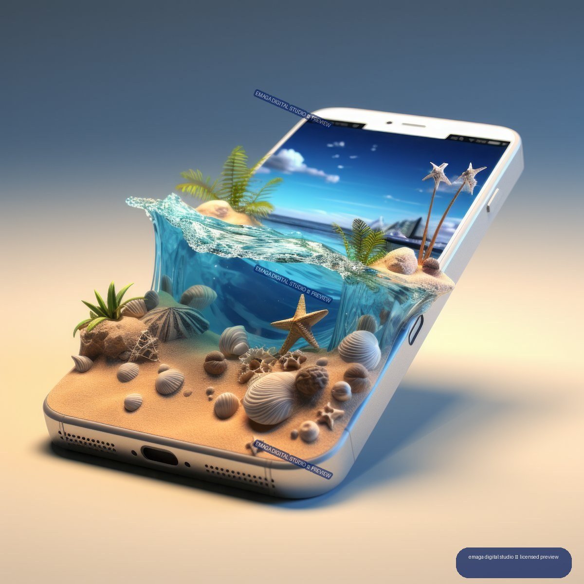 Angled white smartphone containing a miniature tropical beach and ocean scene with waves, shells, plants, and starfish.