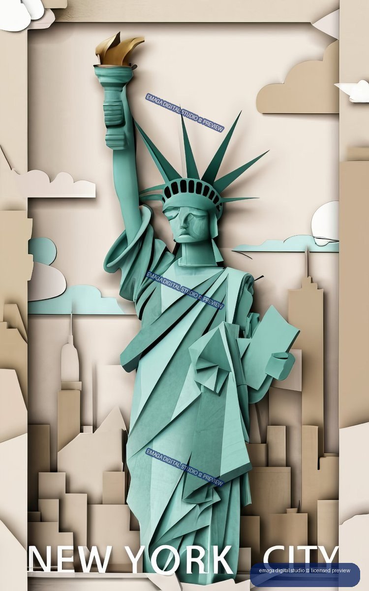 Stylized turquoise Statue of Liberty with torch and crown against a geometric New York City skyline, labeled NEW YORK CITY.