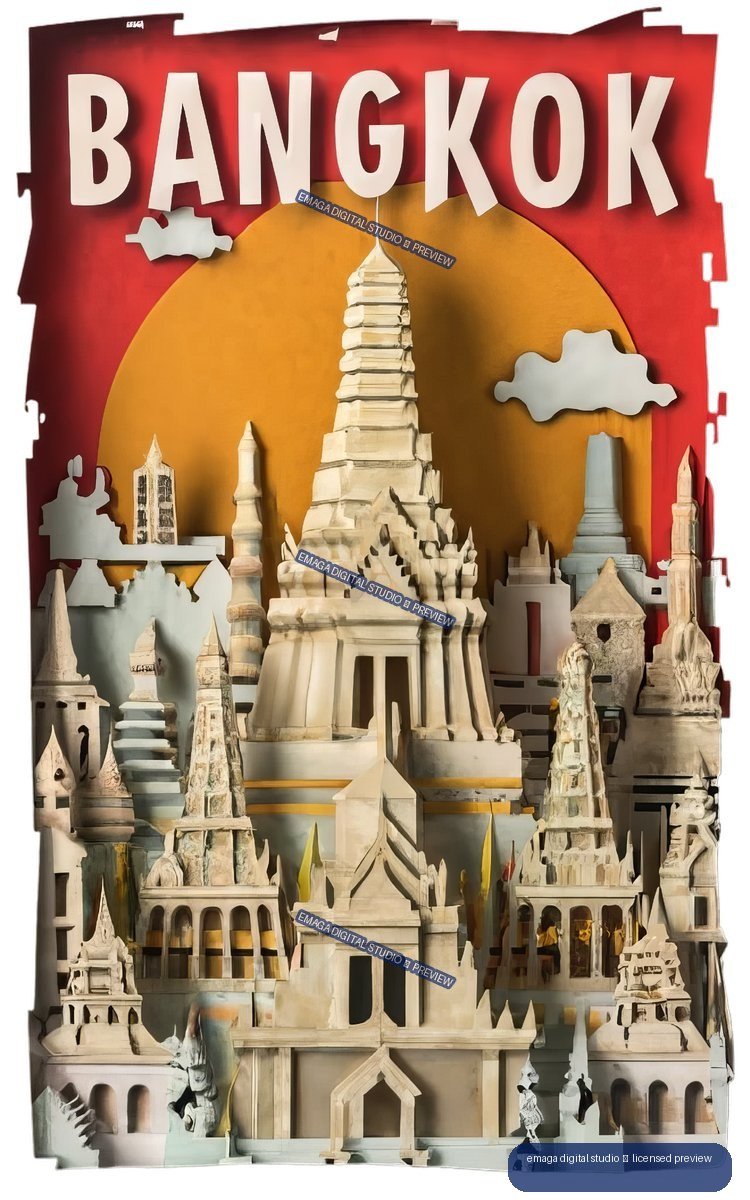 Paper collage of Bangkok temples and landmark architecture with large BANGKOK lettering at the top.